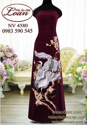 Vải áo dài vẽ chim hạc cao cấp-ADV2499